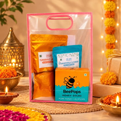 Wellness Pack of Turmeric powder (200G), Chamomile tea (60G) & Honey Sticks (pack of 20) in a gift bag