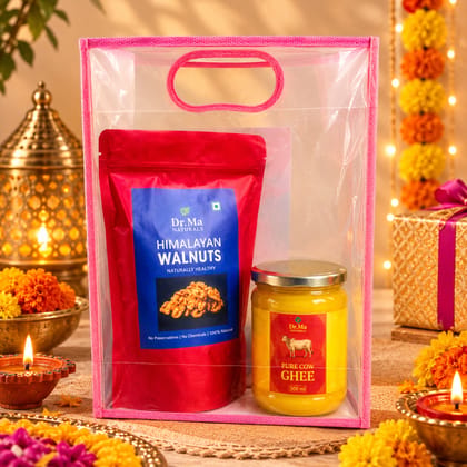 Combo pack of Himalayan Walnuts (400G) & Badri A2 Ghee (500 ml) in a gift bag