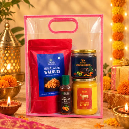 SuperPower Pack of Himalayan Walnuts (400G), Wild Apricot Oil (100ml), Badri A2 Ghee (500 ml) & Chyawanprash (500G) in a gift bag
