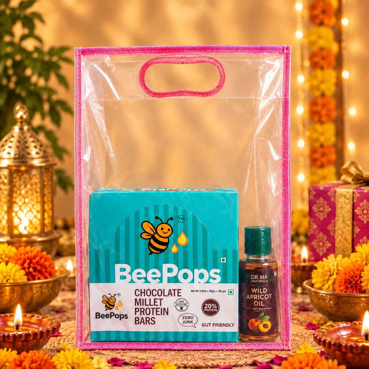 Combo Pack of 6 Chocolate Protein Bars Box (6NX30G) and Wild Apricot Oil (100ml) in a gift bag